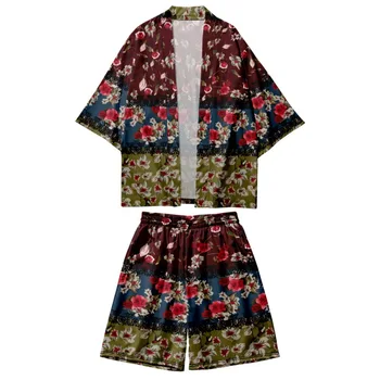 Костюм-двойка, японский кардиган с цветочным принтом, Женская Мужская одежда для косплея, кимоно и шорты в стиле харадзюку