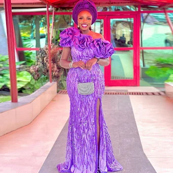 Красивые фиолетовые женские платья-русалки Aso Ebi с разрезом сбоку в виде блесток и большими 3D-цветами, длинное вечернее платье в Южно-Африканском стиле