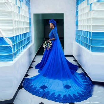 Красочные синие свадебные платья в мусульманском стиле Aso Ebi Bellanaija, свадебные халаты с кружевными аппликациями с длинным шлейфом
