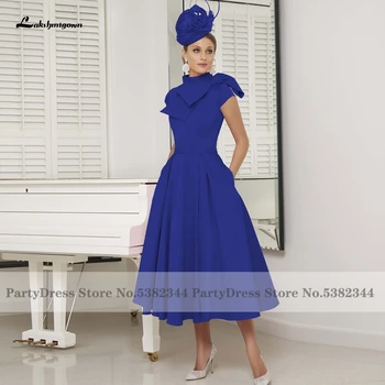 Лакшмигаун Элегантное Женское Платье Королевского синего Цвета для Свадеб 2021 г., Атласное Вечернее Платье Чайной Длины Vestidos de Madrina