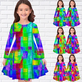 Летнее детское платье с круглым вырезом и принтом в виде разноцветных пазлов, платье с длинным рукавом для девочек, свободные повседневные длинные платья длиной до колен, одежда