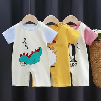 Летний комбинезон с коротким рукавом, Мультяшные боди для младенцев, Тонкая брендовая одежда для новорожденных девочек из чистого хлопка с круглым вырезом
