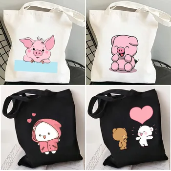Милое животное Медведь, Розовая Свинья, Мультяшное Пончиковое Сердечко, Женская Эстетическая сумка для покупок, сумки для девочек, сумки-тотализаторы, женские Холщовые сумки для покупок