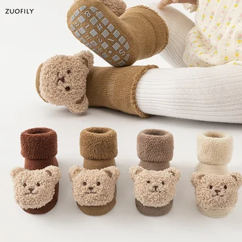 Милые детские носки с мультяшными животными для мальчиков и девочек, зимние Мягкие хлопковые носки с медведем на нескользящей подошве для новорожденных, детские носки для малышей