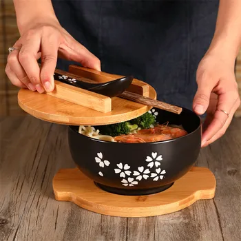 Миска для рисовой лапши в японском стиле с крышкой, ложкой и палочками для еды, Кухонная посуда, Керамическая Салатница, миска для супа, Контейнер для еды, столовая посуда