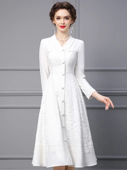 Модное платье для подиума Gedivoen, летнее женское платье с V-образным вырезом и длинным рукавом, однобортные открытые белые платья
