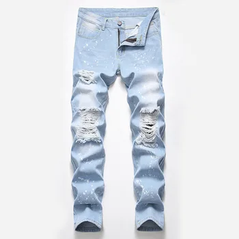 Мужские джинсы в стиле хип-хоп, светлый цвет, Эластичные дырки, Прямые Свободные джинсовые брюки, повседневная уличная мода, мужские высококачественные брюки