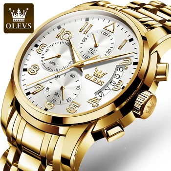 Мужские часы OLEVS Роскошные Оригинальные Водонепроницаемые Часы из Нержавеющей Стали для Мужчин, Многофункциональные Кварцевые Наручные Часы, Золотые Мужские Часы