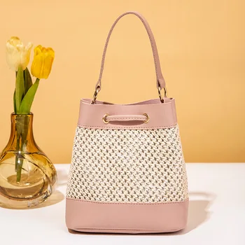 Новая сумка через плечо, вместительная сумка в форме ведра, на шнурке ярких цветов, модная соломенная тканая сумка для поездок на работу в женском стиле