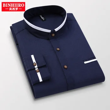 Новая хлопковая мужская рубашка BINHIRO, однотонные повседневные рубашки с длинным рукавом в стиле пэчворк, мужская рабочая рубашка на пуговицах с карманами обычного покроя
