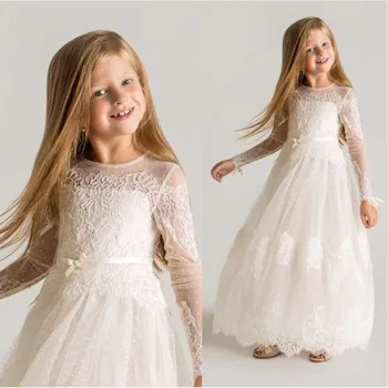 Новые платья принцессы для девочек в цветочек трапециевидной формы с длинными рукавами и аппликацией по щиколотку, Кружевная иллюзия на День рождения, Рождество