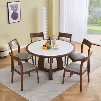 Обеденные столы из китайского сланца, современные простые круглые столы, мебель для столовой, Небольшая квартира, Домашний обеденный стол из массива дерева в отеле