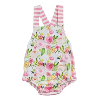 Оптовая продажа, Летний комбинезон с цветами для новорожденных, для маленьких девочек, с короткими рукавами, Розовый полосатый комбинезон с пузырчатым цветочным рисунком, Цельная одежда для малышей