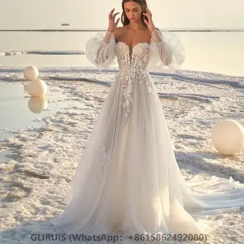 Потрясающее пляжное свадебное платье 2023 для женщин, платье принцессы с открытыми плечами, тюлевое кружевное платье с пышными рукавами и шлейфом, гражданское платье невесты со шлейфом