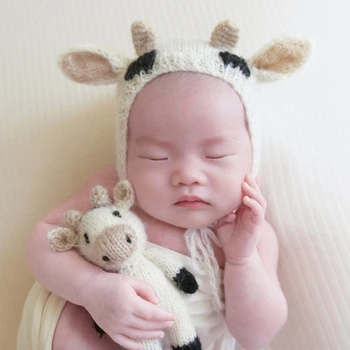 Реквизит для фотосъемки новорожденных, вязаная крючком Шапочка-бини с мягким животным, Кукла-корова, Набор игрушек, Костюм для детской одежды