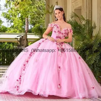 Розовое бальное платье в виде сердечка, пышные платья для 15 вечеринок, модные платья для золушки с 3D цветами с открытыми плечами, платья на день рождения