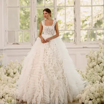Свадебное платье принцессы трапециевидной формы, плиссированные оборки, тонкие бретельки, цветочные аппликации, расшитое блестками Свадебное платье, Элегантное Vestidos De Noiva