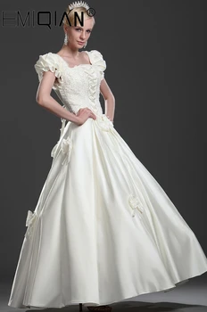 Свадебное платье принцессы с пышными рукавами 2020, расшитые бисером цветы, винтажные свадебные платья трапециевидной формы