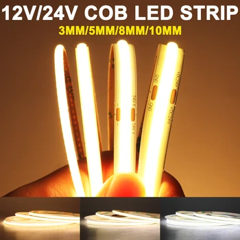 Светодиодные ленты Освещают 12V COB LED Strip Dimmable 24V LED Ribbon Tape Light High-Density LED Strip 3mm 5mm 8mm 10mm LED Tape Lighting