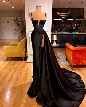 Сексуальное черное атласное платье русалки с вырезом лодочкой в складку, вечернее платье для вечеринки 2023, простое вечернее платье для торжества, платье для свадебного торжества