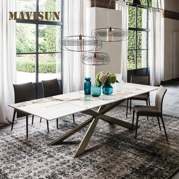 Сочетание легкого роскошного обеденного стола и стула на итальянской основе, современный простой прямоугольный Большой обеденный стол для виллы