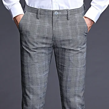 Стрейчевые клетчатые брюки для мужчин, облегающие мужские костюмные брюки, Длина официальных деловых летних костюмных брюк для мужчин, брюки