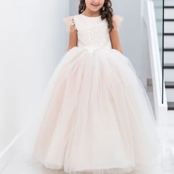 Тюлевые кружевные платья в цветочек для девочек с бантом, платье для дня рождения и свадьбы для маленьких девочек, детское бальное платье принцессы с пышными рукавами-колпачками для детей