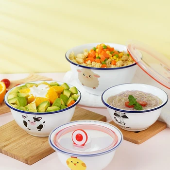 Утолщенная детская японская бытовая миска для еды с крышкой, эмалированная детская миска из утолщенного и полезного материала с рисунком из мультфильма