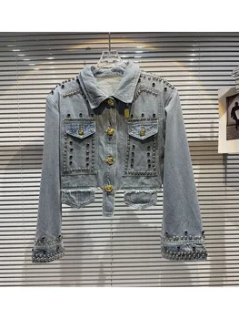 ХАЙ-СТРИТ Новая мода 2023 Дизайнерская куртка Женская Джинсовая куртка с металлическими заклепками и бисером на плече