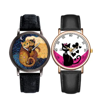 Часы для творческой пары, кварцевые наручные часы люксового бренда, женские часы с циферблатом Cute Lover Cat, Джинсовая лента, Часы для девочек Relogio Feminino